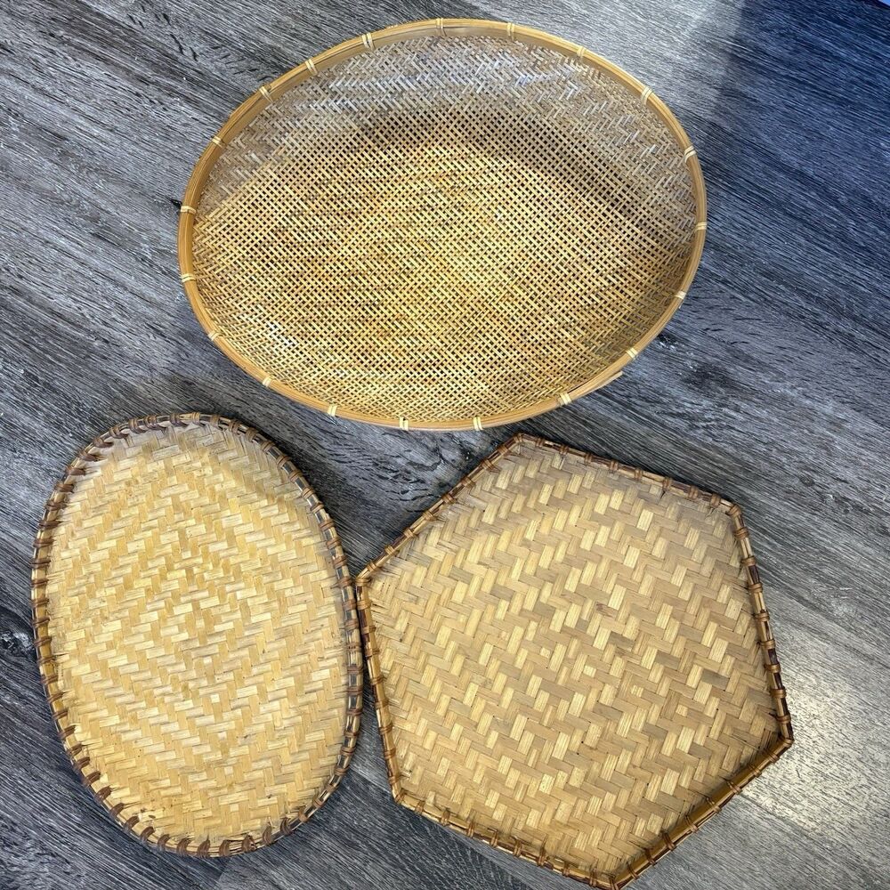 Vtg Lot 3 Rattan Bamboo MCM  Woven BOHO Tiki Bar Wicker Trays Basket